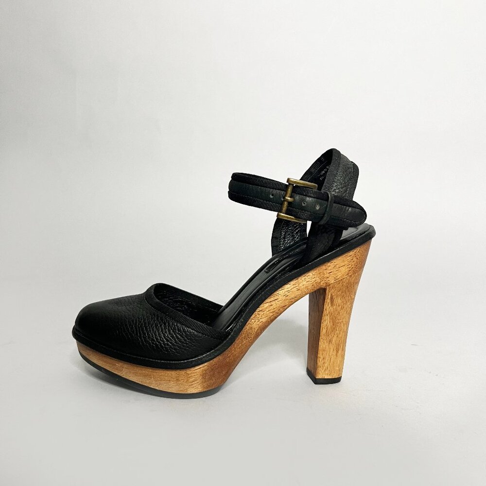 ZARA Size 40 US Size 9 High Wood Heel Platform Mary Jane Black Leather Shoes